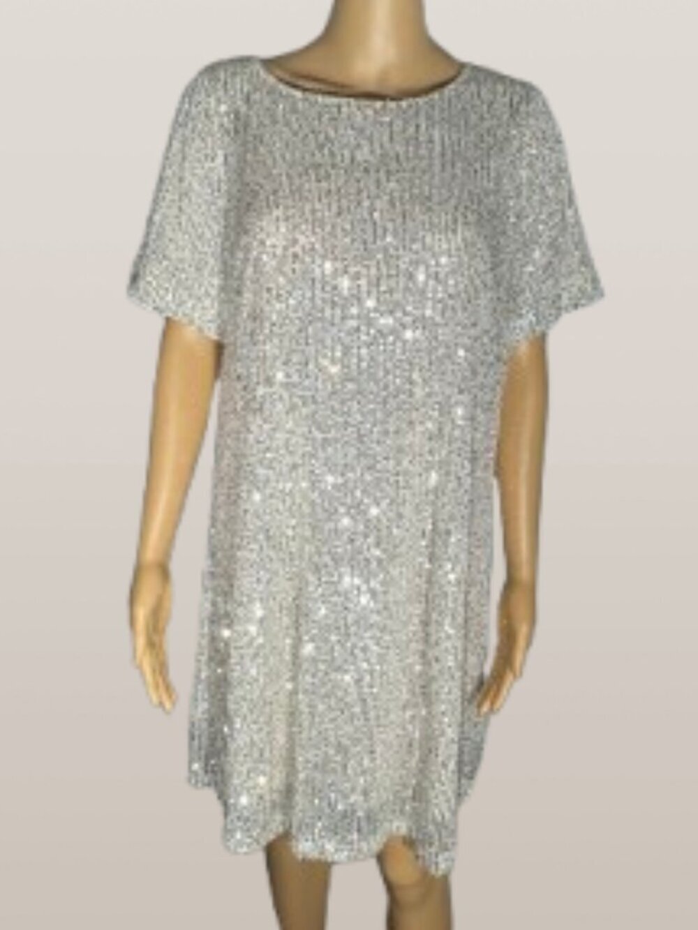 7 For All Mankind Silver Sequin Short Sleeve Shift Dress Medium